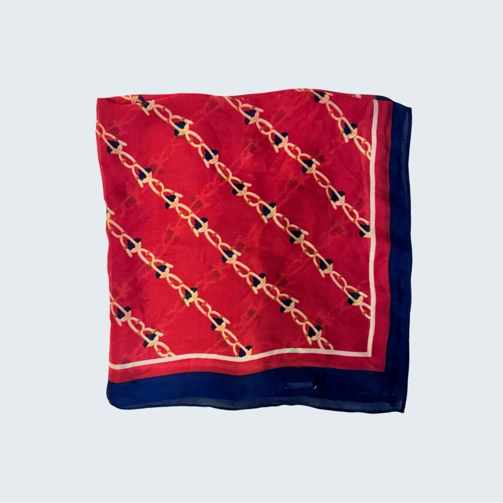 Vintage 80s Equestrian Chain Print Scarf Red Navy 23” Square Satin
